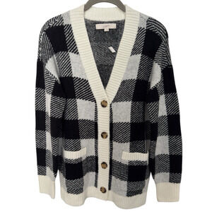 Loft XS Checkered Plaid Boyfriend Button Cardigan Oversized Black White Pockets